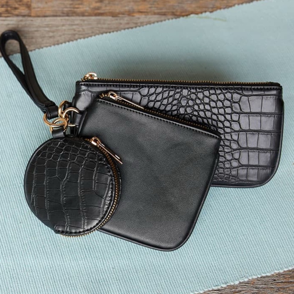 Black Croc Wristlet Wallet Set Of 3